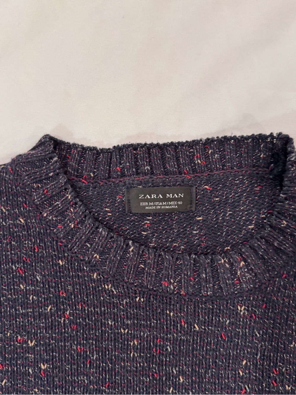 Zara Man Speckled Fleck Knit Crewneck Sweater Navy Blue Multicolor Size Medium